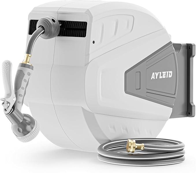 Ayleid Retractable Garden Hose Reel,5/8 in x 100 FT Wall Mounted Hose Reel, with 9- Function Sprayer Nozzle, Any Length Lock/Slow Return System/Wall Mounted/180°Swivel Bracket (Grey) - NeatNest