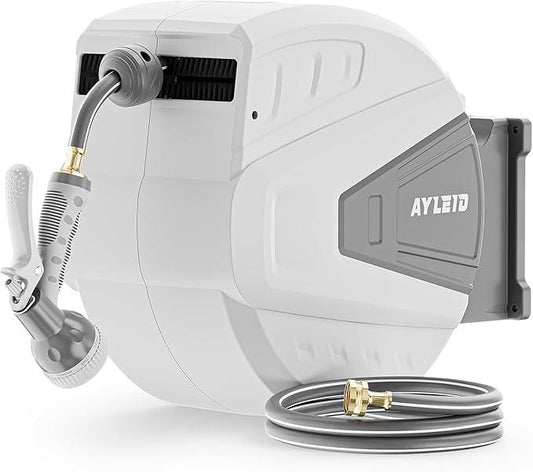 Ayleid Retractable Garden Hose Reel,5/8 in x 100 FT Wall Mounted Hose Reel, with 9- Function Sprayer Nozzle, Any Length Lock/Slow Return System/Wall Mounted/180°Swivel Bracket (Grey) - NeatNest