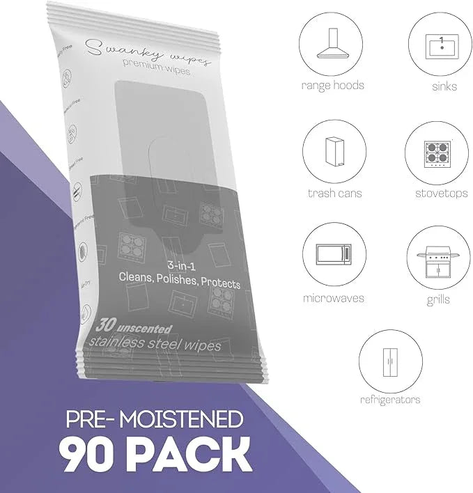 Swanky Stainless Steel Cleaner Wipes - Grime & Grease Remover Kitchen Cleaning Supplies - Clean & Shine, For Stove Top, Refrigerator, Sink, Oven, & Household Appliances - Soft Wipes, 90 Count - NeatNest