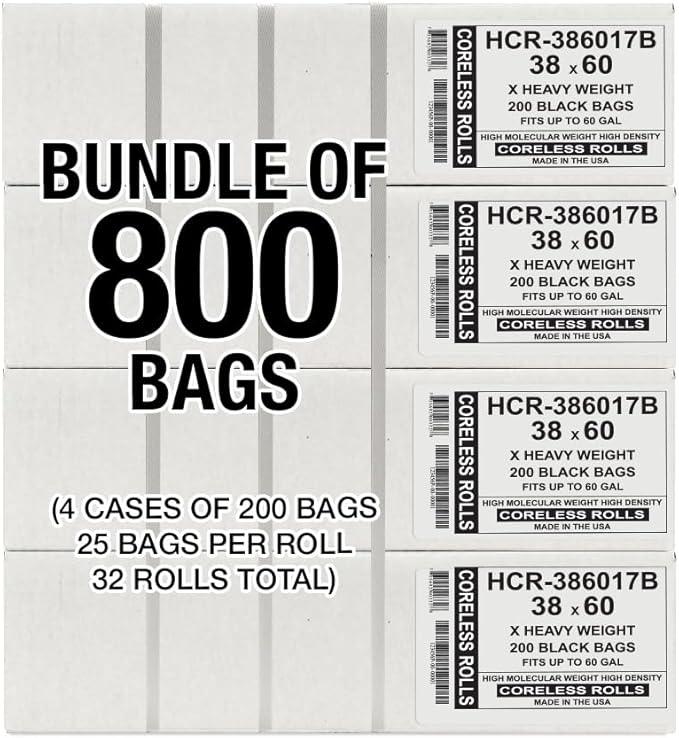 Aluf Plastics High Density Trash Bags, 60 Gallon, 800 Count, 17 Micron (eq), 38" x 60", Black, for Bathroom, Office, Industrial, Commercial, Janitorial, Municipal, Recycling - NeatNest