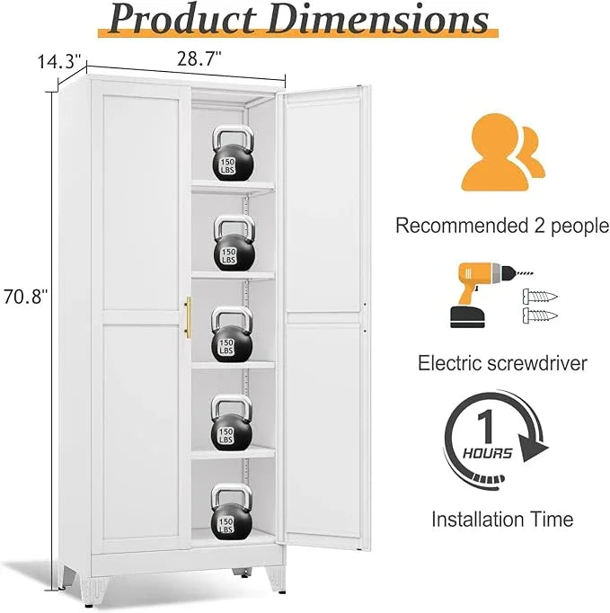 White Pantry Storage Cabinet,71" Kitchen Pantry with Doors and 4 Adjustable Shelves, Metal Storage Cabinet, for Office, Home, Garage, School - NeatNest