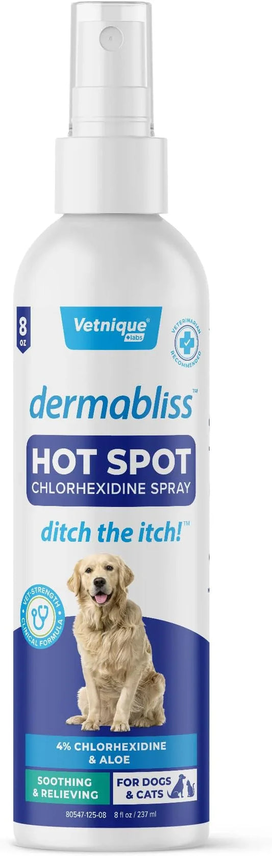 Vetnique Dermabliss Hot Spot Treatment for Dogs - Antiseptic Medicated Chlorhexidine Spray - Vet Recommended for Skin Infections, Hot Spots & Irritation (Hot Spot Spray, 8oz) - NeatNest