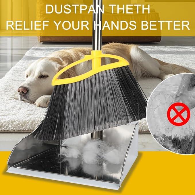 Broom and Dustpan Set, Outdoor Heavy Duty Broom with Stainless Steel Dustpan,Stiff Bristles Broom and Metal Dust Pan for Home - NeatNest
