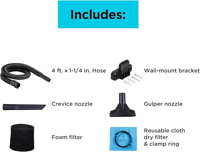 BLACK+DECKER Shop Vacuum Wet and Dry, Small Shop Vac with Accessories, 1 Gallon 1.5 Peak HP, Wall Mount Mini Vacuum for Garage, Home and Pet, 60CFM (BDXV18101P-1H) - NeatNest