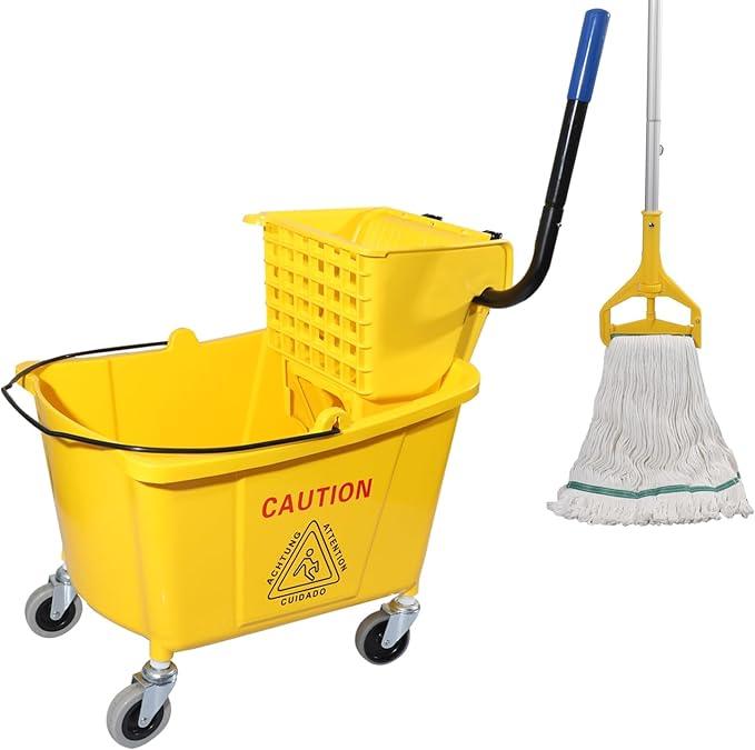 Commercial Mop Bucket with Side Press Wringer on Wheels, 35Qt,Yellow Including One Commercial Mop - NeatNest