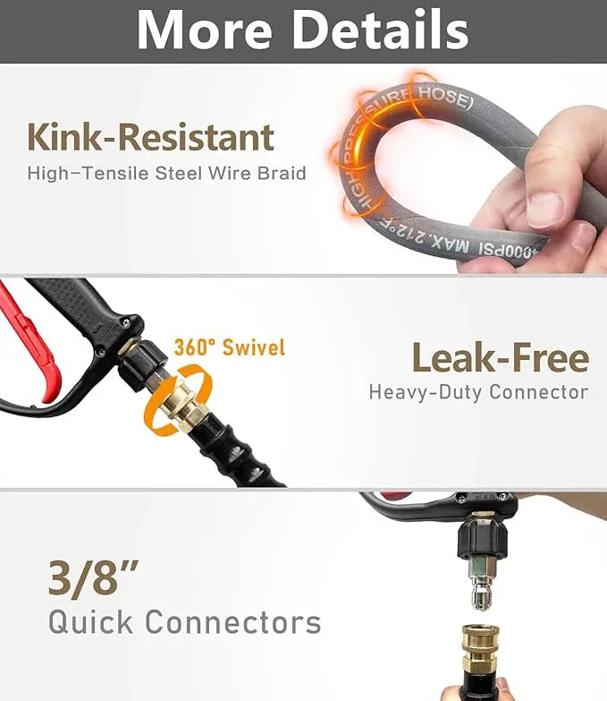 Pressure Washer Hose 100FT 4000 PSI, Kink Resistant Steel Braided Layer & NonMarking Rubber for Hot/Cold Water, High Power Washer Hose With 3/8 Inch Quick Connect & M22 Fitting, Gray - NeatNest