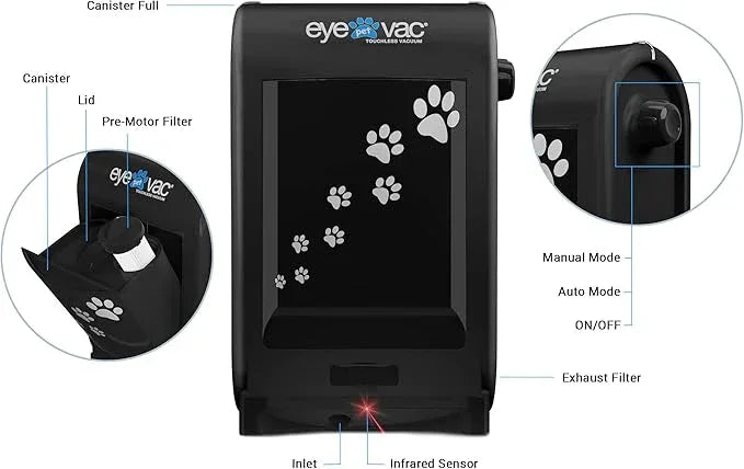 EyeVac Pet Touchless Vacuum Automatic Dustpan - Ultra Fast & Powerful - Great for Sweeping Cat Dog Pet Hair Food Dirt Kitchen, Corded Canister Vacuum, Bagless, Automatic Sensors, 1400 Watt (Black) - NeatNest