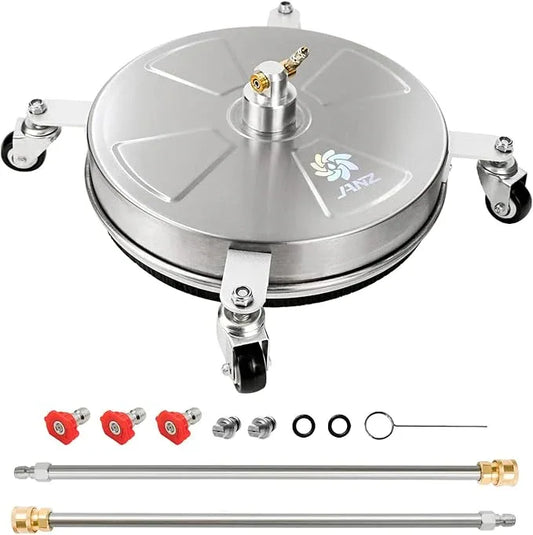 JANZ 16" Pressure Washer Surface Cleaner with 4 Wheels, Stainless Steel Housing, 1/4" Quick Plug, 2 Extension Wand Attachments, 2 Replacement Nozzles and 3 Spray Nozzles, 4000 PSI - NeatNest