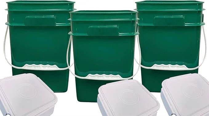 House Naturals 4 Gallon Square Food Grade Bucket Pail with Plastic Handles and Lid (Pack of 3) Made in USA containers (Dark Green) - NeatNest