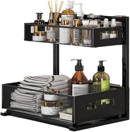 ONEUPIN Under Sink Organizer, Multi-Purpose 2 Tier Pull Out Cabinet Organizer Baskets，Adjustable Height Design Slide Out Storage Shelf for Home Kitchen and Bathroom (1 Pcs Black) - NeatNest
