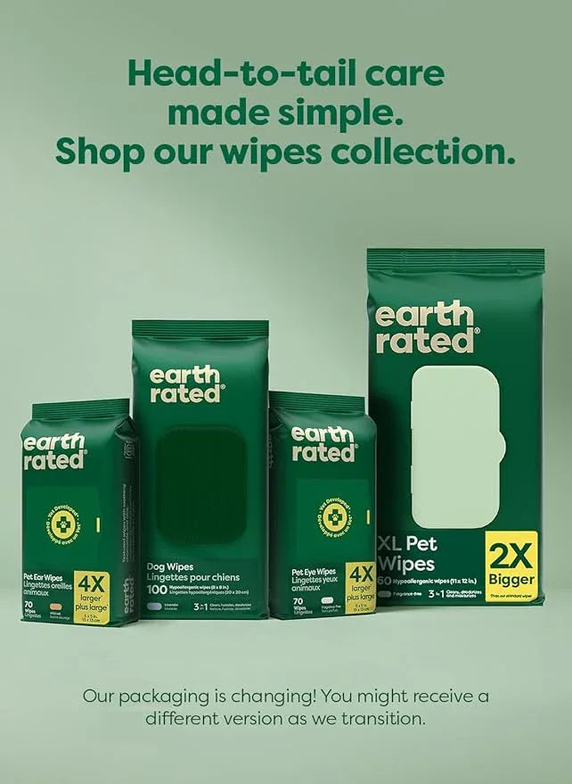 Earth Rated XL Pet Wipes for Dogs & Cats, 3-in-1 Unscented Hypoallergenic Cleaning, Deodorizing and Hydrating Extra Large Grooming for Body, Paws and Butt, Unscented, 60 Count - NeatNest
