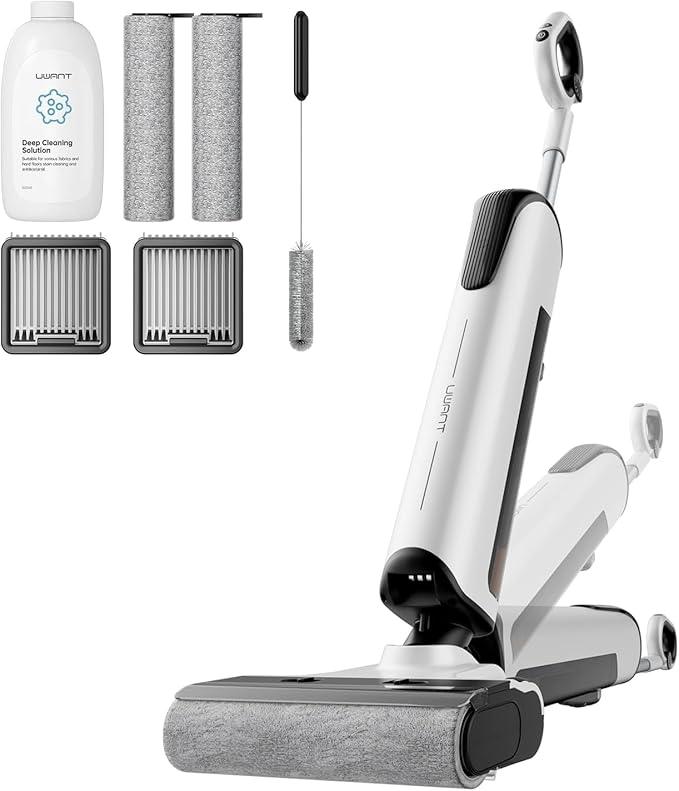 uwant D100 Wet Dry Vacuum Cleaner 180°Lay-Flat Vacuum Mop All in One with 18000Pa Suction Auto Self-Cleaning Anti Odor Stick Pushin Mop Dual-Edge Cleaning Electeic Mop Set for Hard Floor/Carpet,Milky - NeatNest