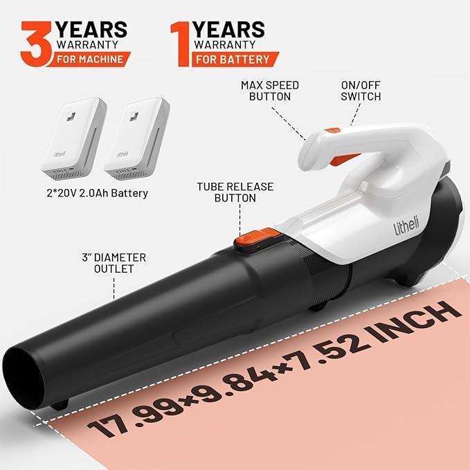 Litheli Cordless Leaf Blower with 2 Batteries (Works as Portable Power Bank), Ultra-Lightweight Electric Blower for Driveways, Patios & Decks, 2-Speed 350CFM for Dry Leaves, Dust & Car Drying - NeatNest