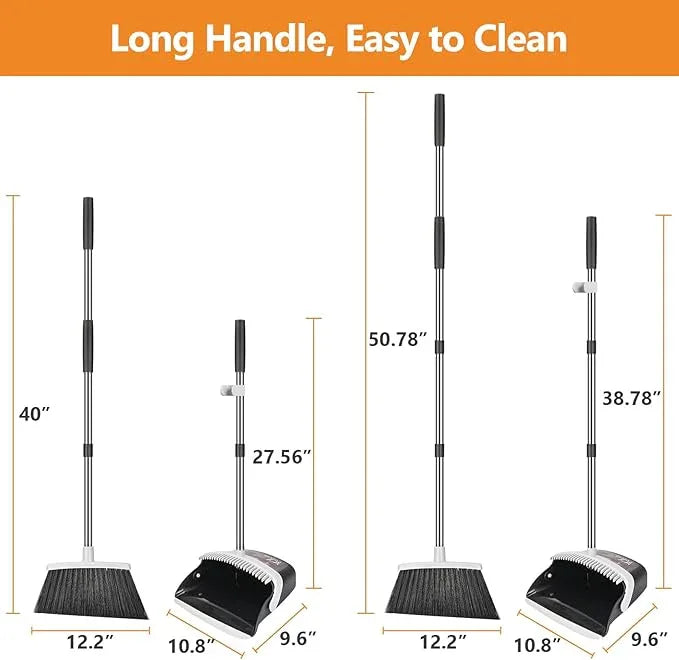 Broom and Dustpan Set, Heavy Duty Dust Pan with Long Handle 51 Inch Broom with Dustpan Combo Set Upright Self-Cleaning Dust Pan Home Kitchen Lobby Indoor Outdoor Sweeping Cleaning Tool - Gray - NeatNest
