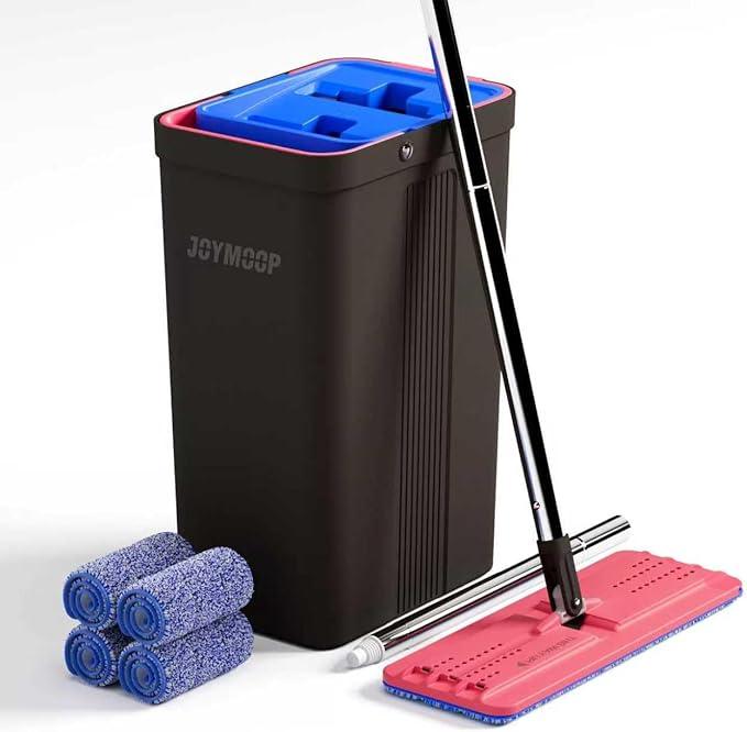 JOYMOOP Mop and Bucket with Wringer Set, Hands Free Flat Floor Mop and Bucket, with 4 Washable Microfiber Pads, Wet and Dry Use, Floor Cleaning System - Black+Red+Slate Blue - NeatNest