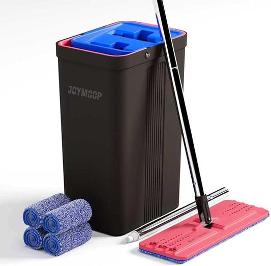JOYMOOP Mop and Bucket with Wringer Set, Hands Free Flat Floor Mop and Bucket, with 4 Washable Microfiber Pads, Wet and Dry Use, Floor Cleaning System - Black+Red+Slate Blue - NeatNest
