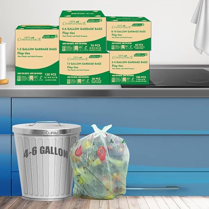 4-6 Gallon Flap Tie Compostable Trash Bags, 304 Count, Compost Bags Kitchen Trash Bags, Sturdy Biodegradable Garbage Bags Food Scrap Waste Bags, ASTM D6400, US BPI Certified - NeatNest
