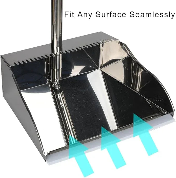 Metal Dustpan Long Handle Stainless Steel Dustpan,Heavy Duty Standing Dust Pan with Teeth, Indoor Outdoor Up for Home Kitchen Lobby Room Office - NeatNest