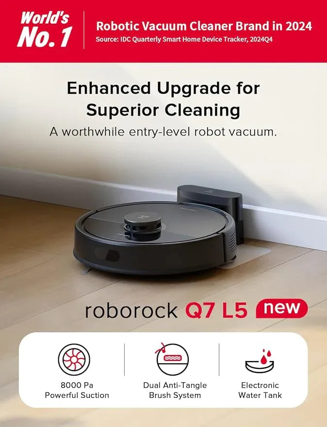 roborock Q7 L5 Robot Vacuum and Mop Combo, 8,000Pa Suction, Upgraded from Q5 Pro, Dual Anti-Tangle System, LiDAR Navigation, Multi-Level Mapping, Self-Charging Robotic Vacuum Cleaner, Black - NeatNest