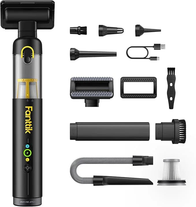 Fanttik Slim V10 APEX Cordless Car Vacuum, 4-in-1 Portable Mini Handheld Vac, 19kPa Suction Power, Upgraded Smart Digital Display, 2 Suction Modes for Small Jobs, Car, Office Desk, Keyboards (Black) - NeatNest
