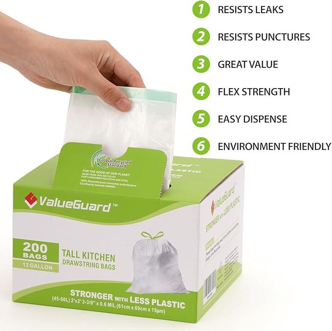 Large Trash Bag 13 Gallon Tall Drawstring 100% Post-Consumer Recycled Garbage Bag Waste Bag for Kitchen Office 0.6 Mil (200 Count) - NeatNest