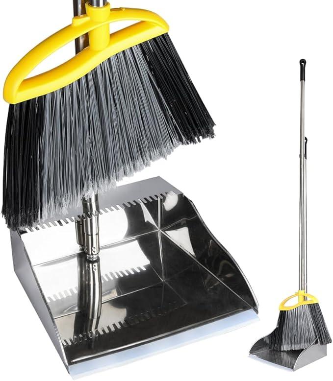 Broom and Dustpan Set, Outdoor Heavy Duty Broom with Stainless Steel Dustpan,Stiff Bristles Broom and Metal Dust Pan for Home - NeatNest