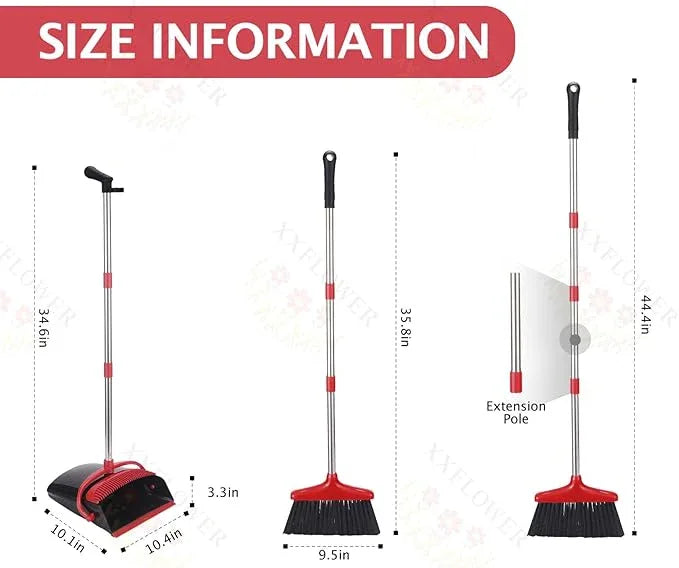 Broom and Dustpan Set with Long Handle, Light Weight Stainless Steel Poles Stand Upright Dustpans with Broom Combo for Home Kitchen Office Pet Dog Hair, Black & Red Color, 1-Pack - NeatNest