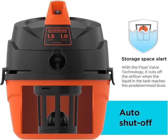 BLACK+DECKER Shop Vacuum Wet and Dry, Small Shop Vac with Accessories, 1 Gallon 1.5 Peak HP, Wall Mount Mini Vacuum for Garage, Home and Pet, 60CFM (BDXV18101P-1H) - NeatNest