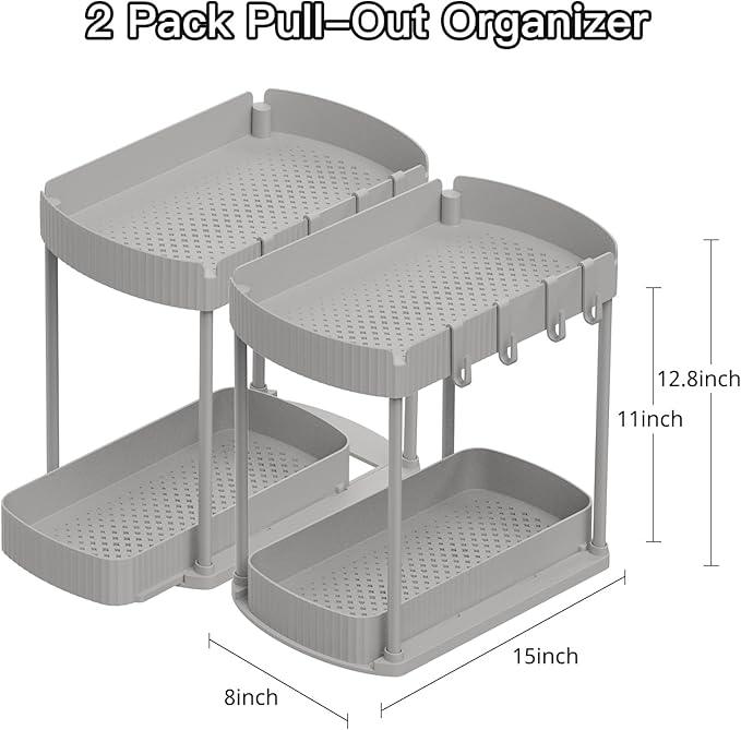 2 Pack Multi-Purpose Pull-Out Storage Organizers, Under Sink Organizers and Storage for Bathroom & Kitchen, Under Cabinet Organizers and storage, 12.8 Inch, Grey - NeatNest