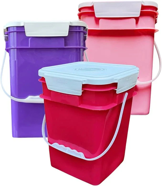 House Naturals 4 Gallon Square Food Grade Bucket Pail with Plastic Handles and Lid (Pack of 3) Made in USA containers (Pink/Magenta/Purple - White lids) - NeatNest