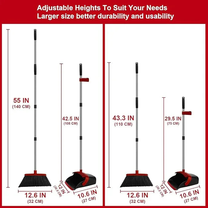 Broom and Dustpan Set, Large Household Broom with Dustpan Combo Set, 55 Inch Long Handle, Red Dust Pan Combo Set for Home - NeatNest