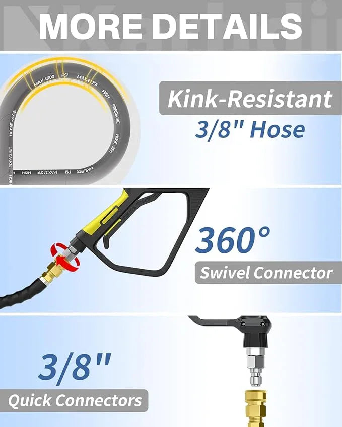 Pressure Washer Hose 50FT 3/8" for Cold and Hot Water 212°F, with Swivel Quick Connect, 4500PSI Kink Resistant Grade Steel Wire Braided, Power Washer Hose With 2pcs M22-14mm Adapter - NeatNest