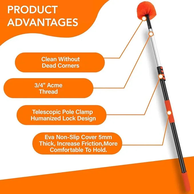 20FT Cobweb Duster with Extension Pole - High Reach Duster for High Ceilings & Outdoor Use - Telescoping Pole 3-12 Ft, Soft Bristles Cobweb Cleaner - 3/4" Acme Universal Thread - NeatNest