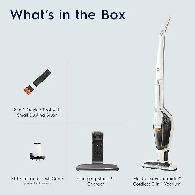 Electrolux Ergorapido Cordless 2-in-1 Vacuum Cleaner with High Suction Power and 180° EasySteer Mobility, 48-Minute Run Time, 2 Power Modes, Satin White - NeatNest