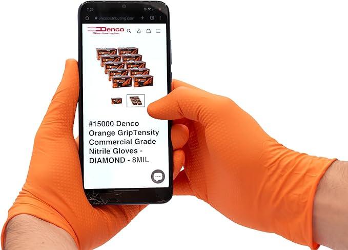 DENCO DISTRIBUTING, INC. Griptensity Orange Diamond Texture Nitrile Gloves - 8MIL - Industrial - Hi-Vis - 1000 Per Case - NeatNest