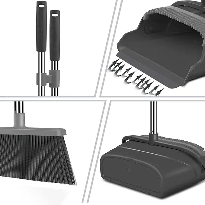 kelamayi Broom and Dustpan Set for Home, Office, Indoor&Outdoor Sweeping, Stand Up Broom and Dustpan (Black&Gray) - NeatNest
