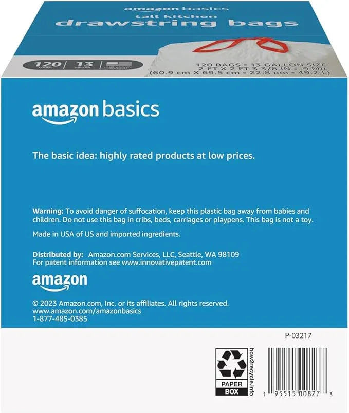 Amazon Basics Trash Bags, Tall Kitchen Drawstring, Unscented, 13 Gallon, 120 Count, Pack of 1 - NeatNest