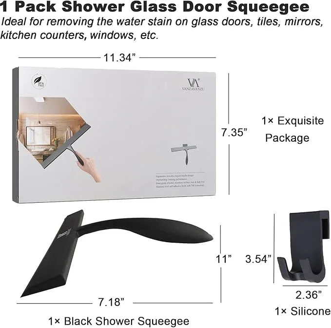 Squeegee for Shower Glass Door, 11-Inch Shower Squeegee for Glass Doors, Bathroom Silicone Squeegees Wiper for Shower with Non-Slip Handle, No-Drilling Silicone Hanging Hook, for Tiles, Mirror(Black) - NeatNest