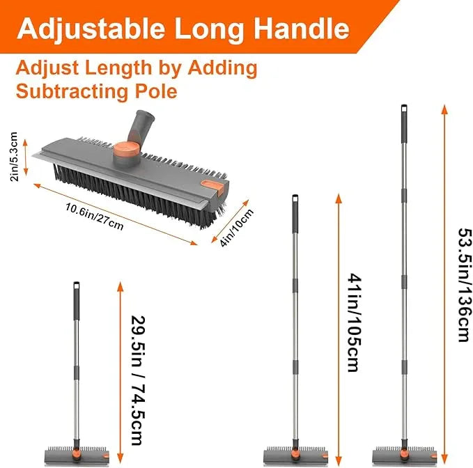 Floor Scrub Brush with Long Handle, BITOPE 3 in 1 Stiff Bristles Deck Brush 360° Rotating Floor Scrubber with Squeegee, Tweezer for Clean Patio, Deck, Tile, Concrete, Balcony Outdoor - NeatNest