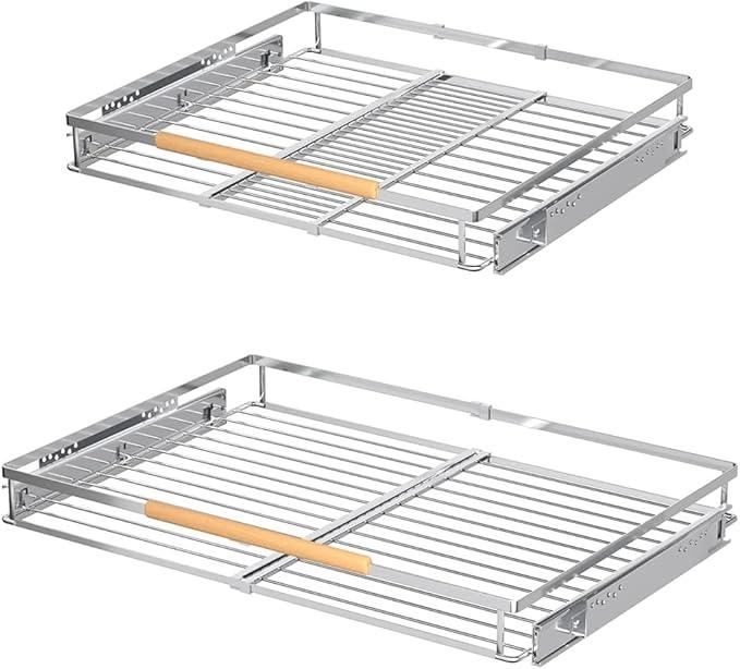 Pull Out Cabinet Shelf, Slide Out Cabinet Organizer Heavy Duty Under Sink, Anti Rust Kitchen Organizer Basket, Smooth Roll Expandable Sliding Drawer, 2 Pack Chrome 15.9''-26.2'' - NeatNest