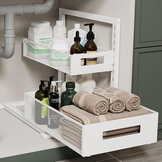 Under Sink Organizer Adjustable Height 2 Tier Bathroom Organizer Pull Out Cabinet Organer kitchen organizers and storage fridge organizers and storage,White,XL-1 Pack - NeatNest