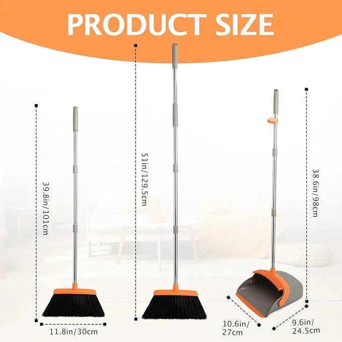2-Pack Broom and Dustpan Set with Long Handle, Heavy Dust Broom and Dustpan Combo for Home，Kitchen, Office, Pet Hair(Gray Orange) - NeatNest