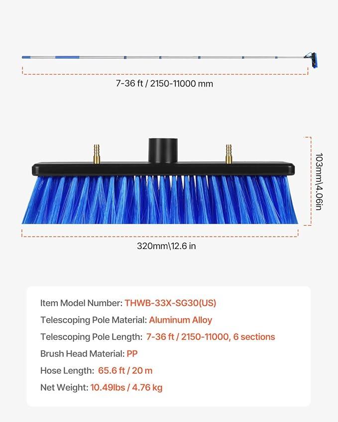 VEVOR Water Fed Pole Kit, 36FT Solar Panel Cleaning Pole with Extendable Handle, 180° Rotatable Brush Head & 65.6FT Hose, Household & Outdoor Window Cleaner Tool for Caravan Solar Panel Deck - NeatNest