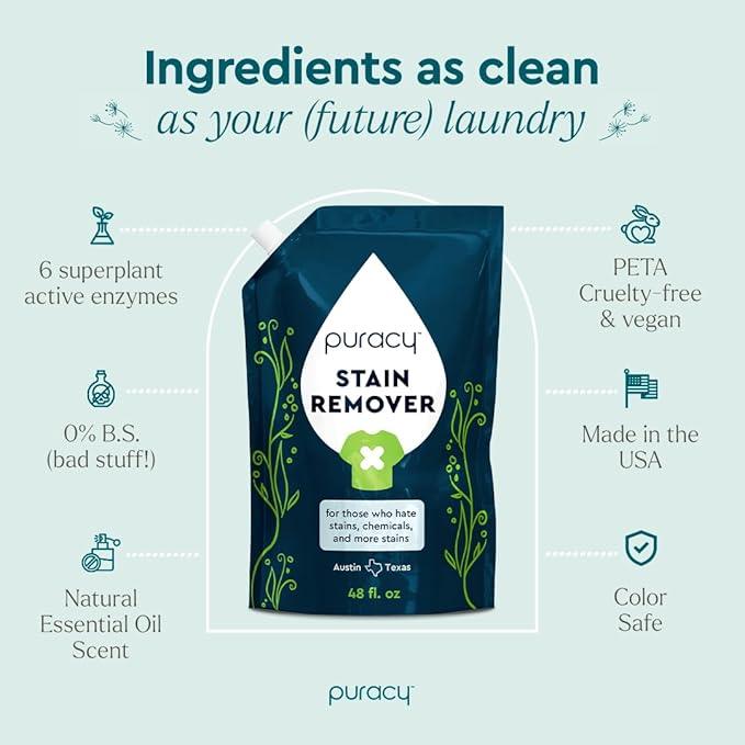 Puracy Stain Remover, Natural Travel and Laundry Stain Cleaner for Clothes, Baby Essentials, Kids Stains, Oil and Fabric Spot Cleaner, Unscented (Stain Remover Spray, 48 fl oz) - NeatNest