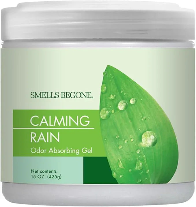 SMELLS BEGONE 15oz Gel Odor Eliminator - Absorb & Remove Tough Odors in Pet Areas, Bathrooms, Basements, Garage, Cars, RVs & Boats - Eliminate Odor with Essential Oils (Calming Rain) - NeatNest
