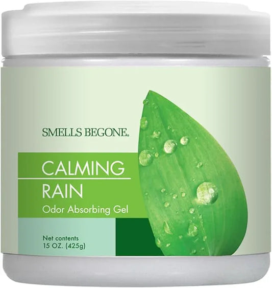 SMELLS BEGONE 15oz Gel Odor Eliminator - Absorb & Remove Tough Odors in Pet Areas, Bathrooms, Basements, Garage, Cars, RVs & Boats - Eliminate Odor with Essential Oils (Calming Rain) - NeatNest