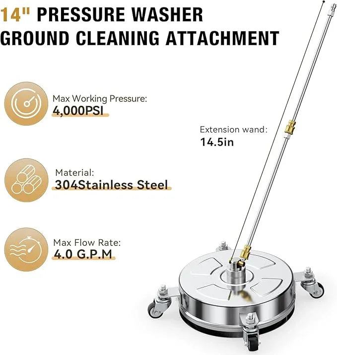 14" Pressure Washer Surface Cleaner with 4 Wheels, Stainless Steel Housing, 4000 PSI Max, 3 Connect Nozzles & 2 Extension Wands, Pressure Washer Surface Cleaner for Concrete, Patios, Sidewalks - NeatNest