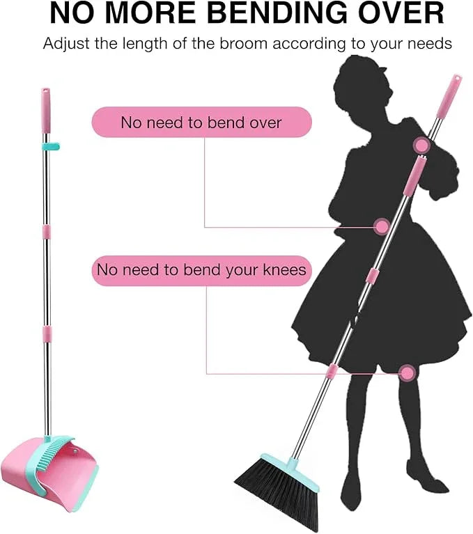 NACENA Broom and Dustpan Set, 52-in Long Adjustable Handle Broom Dustpan Combo with Dustpan Teeth to Automatically Clean Hair Suitable for Home Kitchen Office Hall Floor (Pink&Blue), 4 Pack - NeatNest