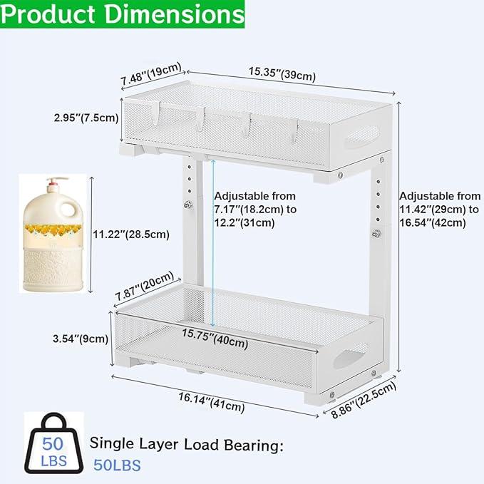 Under Sink Organizer, 2-Tier Pull Out Cabinet Organizer with Adjustable Height, Use in Kitchen Bathroom Cabinet and Countertop Storage, White, 2-Pack - NeatNest