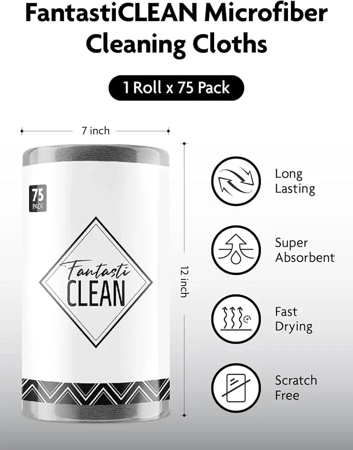 Fantasticlean Microfiber Cleaning Cloth Roll -75 Pack, Tear Away Microfiber Towels, 12" x 12", Reusable, Washable, Scratch Free, Ultra Absorbent for Car, Home Supplies (DimGray) - NeatNest
